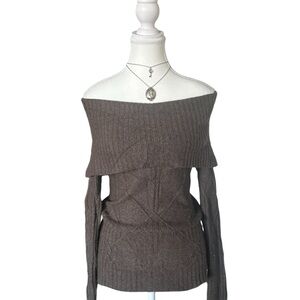 Y2K “Le Chateau” Brown Knit Off the Shoulder Long Sleeve Sweater
